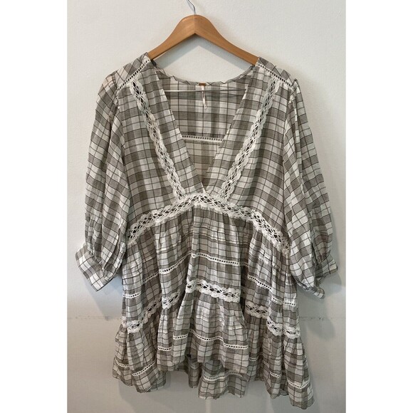 Free People Womens Time Out Ivory Eyelet V-Neck Tunic Top Shirt Large - Picture 2 of 8